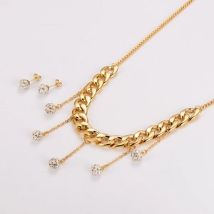 Detailed flat lay of golden stainless steel jewelry set with crystal-studded sphere pendants