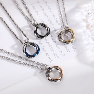Interlocked stainless steel triple rings necklace in silver, gold and rose gold tones