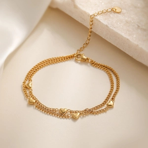 Double Layer Heart Pendant Bracelet 18K Gold Plated Stainless Steel Adjustable Chic Jewelry For Women