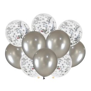 10-piece set of 12-inch silver latex balloons and transparent balloons with silver confetti