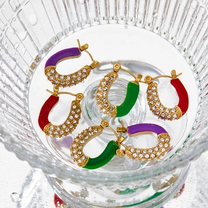 French vintage U-shaped enamel earrings with zircon stones and polished gold finish