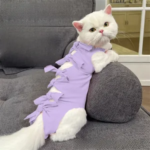 Detailed back view of a lavender purple cat recovery suit with six adjustable ribbon ties