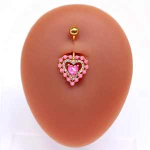 Piercing nombril cœur sexy avec pierre rose et cristaux sur barre dorée