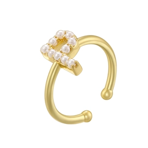 Detailed view of a gold-plated adjustable ring featuring letter P with micro pearls