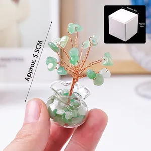 Mini natural green crystal tree ornament with gold wire in glass bag base, approx. 5.5cm