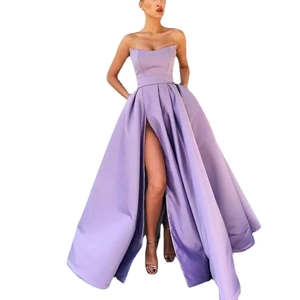 Elegant purple satin strapless evening gown with high waist and high slit detail