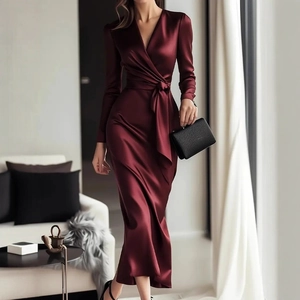 Elegant wine red satin long sleeve maxi dress with tie waist and silky drape finish