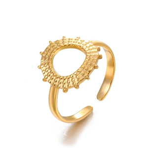 Gold sunflower steel ring with hollow textured circle and adjustable open band