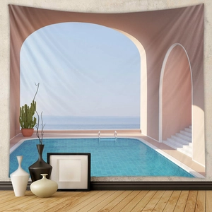 Detail der Mittelmeer-Pool-Landschaft Wandteppich mit Torbogen und Meeresblick
