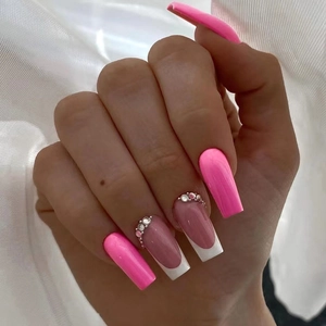 Long Coffin Barbie Pink Press On Nails French Tip Rhinestone Embellished False Nails For Women Sweet Fashion Nail Art