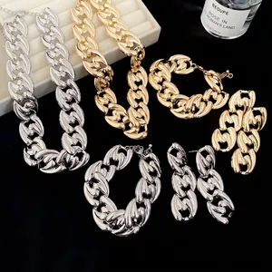 Polished chunky chain necklace and bracelet jewelry set in gold and silver finish