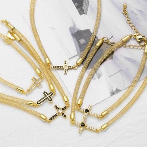 18k gold plated mesh chain bracelet with sparkling zircon cross and heart pendant charms