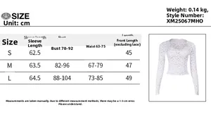 Tableau des tailles pour haut en dentelle pour femmes avec buste, taille et longueur en cm