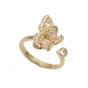 Minimalist 18K gold butterfly open ring with cubic zirconia micro-pave detailing