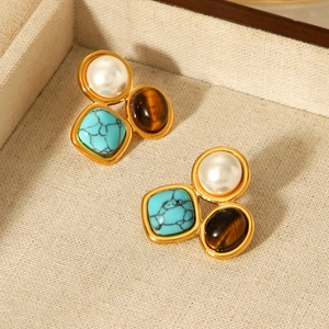 French vintage earrings with pearl, tiger eye stone and turquoise in golden steel