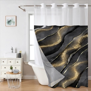 Detail showing marble pattern waterproof shower curtain with large rings and gold accents