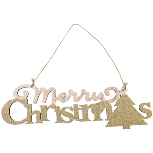 Wooden Merry Christmas hanging ornament with gold glitter accents on a white background