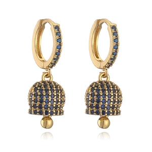 Detail shot of bell-shaped drop earrings with micro-set blue cubic zirconia stones