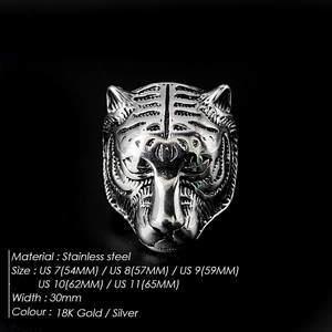 Bold men's stainless steel tiger head signet ring in silver finish, size 7-11.