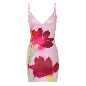 Detail of floral print pink bodycon dress with adjustable spaghetti straps and silk finish