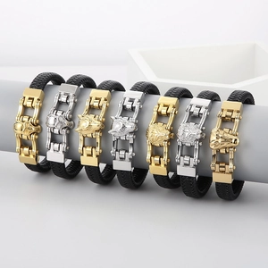 Braided leather bracelets for men with gold and silver skull and wolf head metal clasps