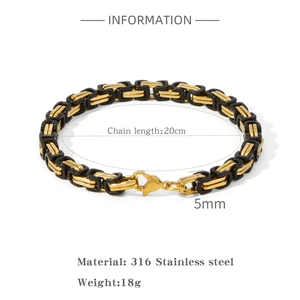 Detail showing 316 stainless steel 5mm chain bracelet specs and black gold metal links
