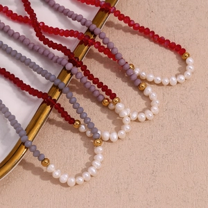 Vintage stainless steel necklace with red faceted crystals and white freshwater pearls
