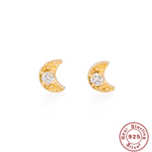 Elegant gold plated 925 sterling silver moon stud earrings with sparkling white zircon