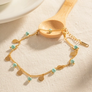 Bohemian 18K gold-plated anklet with natural turquoise beads and round golden pendants