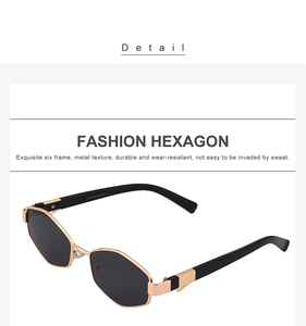 Detail of gold metal hexagonal frame sunglasses with high-quality black lenses and hinges
