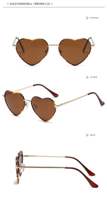 Three-view detail of heart-shaped gold metal sunglasses with brown lenses and shell trim