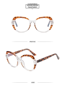 Polygonal TR90 leopard brown transparent frame glasses showing front and side views