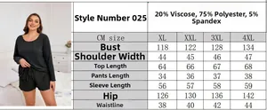 Detailed size chart for plus size striped long sleeve and shorts loungewear set from XL to 4XL