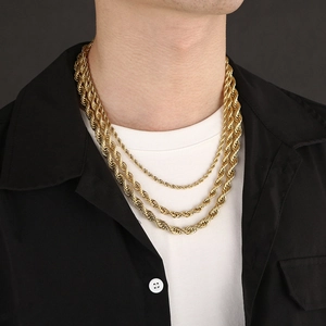 Fashionable golden stainless steel twisted rope chain necklaces in a layered set for men