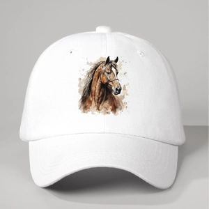White cotton baseball cap with artistic horse head watercolor print for outdoor sun protection
