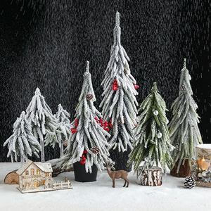 Mini Artificial Christmas Tree Flocked Snow Desktop Ornament Pine Cones Red Berries PE Plastic Wood Base Realistic Holiday Decoration