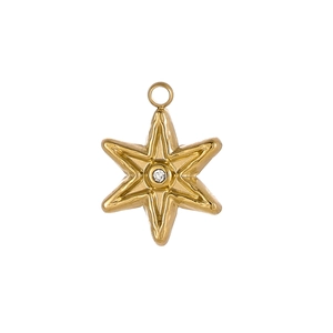 Macro shot of gold stainless steel hexagonal star pendant with a center crystal