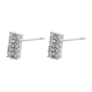Detailed view of silver-tone rectangular stud earrings with shimmering zircon pavé