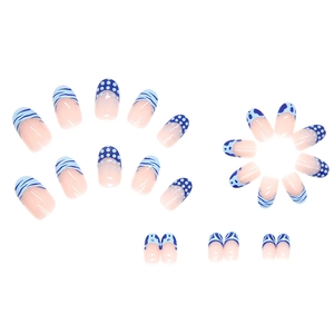 Blue almond fake nails set with polka dots and French tip designs 24pcs kit