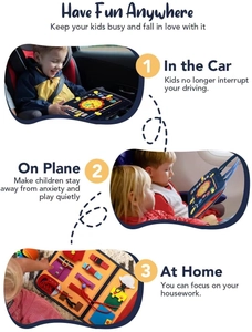 Detail view of Montessori busy board features for motor skills in travel scenarios