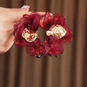 Retro style wine red chiffon flower earrings with elegant gold metal center for women