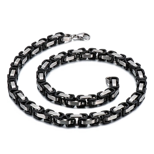 Chunky black and silver stainless steel Byzantine chain necklace with lobster clasp