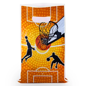 Close-up of basketball themed plastic gift bag with orange court design and player silhouette