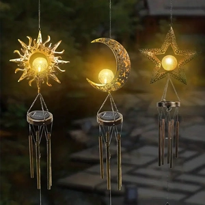 Solar Wind Chimes Metal Glass Crackle Ball Waterproof LED Light Garden Patio Yard Outdoor Decor Vintage Bronze Moon Sun Star