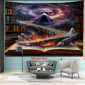 Detail of large 300x180cm fantasy Halloween tapestry with mystic book and starry nebula design