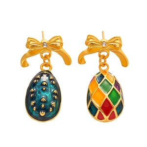 Vintage asymmetric bow earrings with colorful enamel egg pendants and gold plating