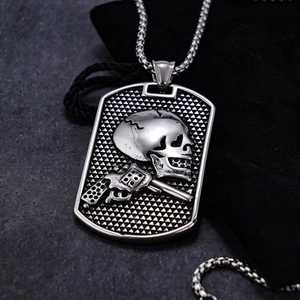 Retro stainless steel skull and revolver pistol pendant necklace for men in antique silver finish