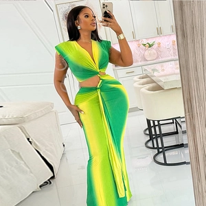 Women's ombre yellow and green two-piece set featuring V-neck crop top and maxi skirt