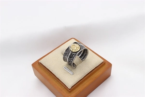 Close-up of vintage feather texture on wide steel ring with golden circular emblem