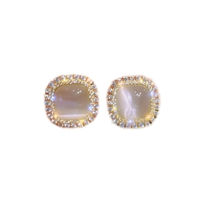 Elegant gold-plated square cat eye stone earrings with a sparkling rhinestone halo border